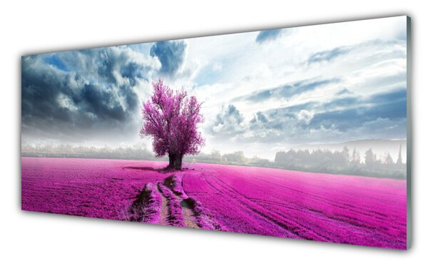 Tablou pe sticla Meadow copac Natura Roz Albastru Alb