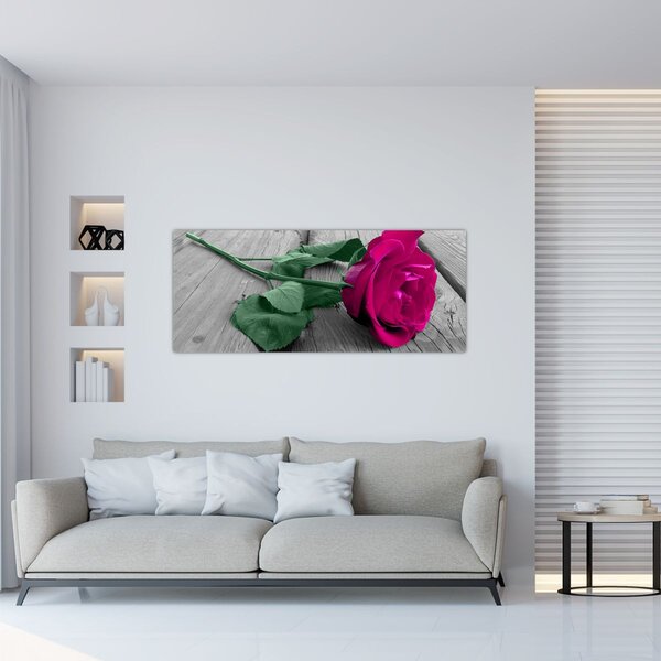 Tablou - Trandafir roz cu tulpina verde (120x50 cm)