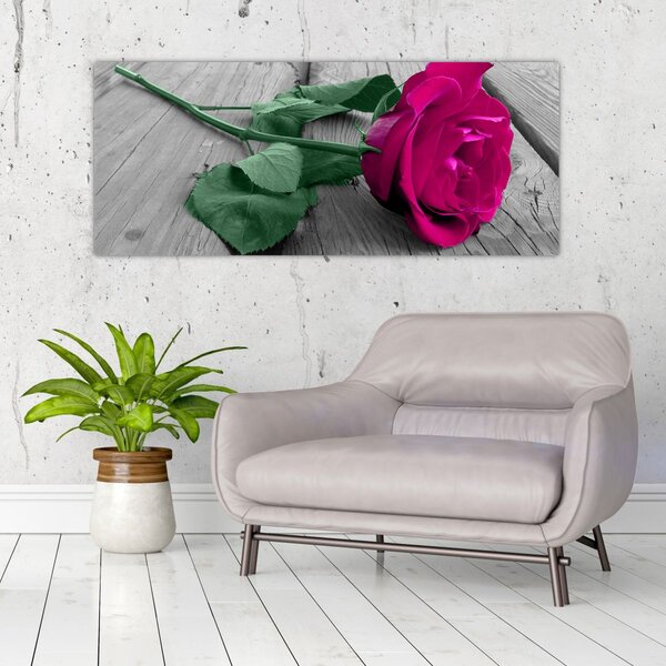 Tablou - Trandafir roz cu tulpina verde (120x50 cm)