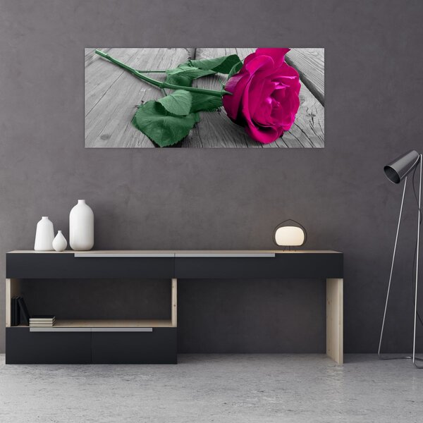 Tablou - Trandafir roz cu tulpina verde (120x50 cm)