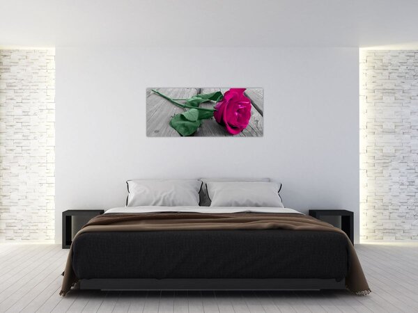 Tablou - Trandafir roz cu tulpina verde (120x50 cm)