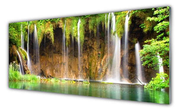 Tablou pe sticla Cascada Lacul Verde Natura Maro Alb Albastru