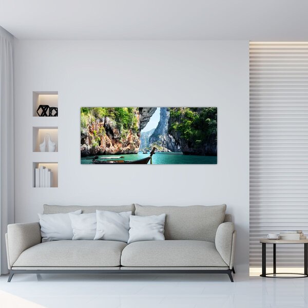 Tablou - Apă peisaj mediteranean cu barca (120x50 cm)