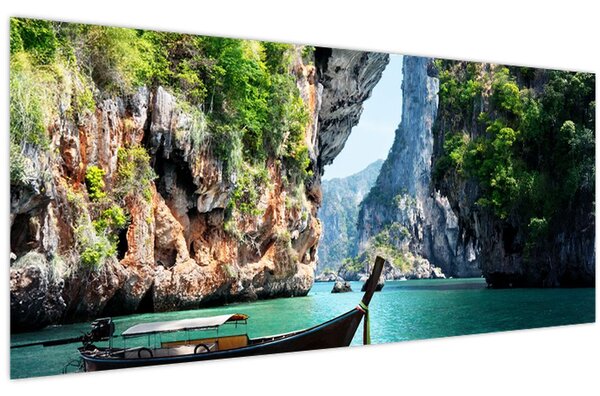 Tablou - Apă peisaj mediteranean cu barca (120x50 cm)