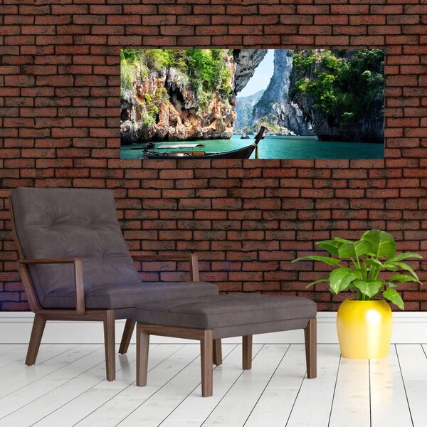 Tablou - Apă peisaj mediteranean cu barca (120x50 cm)