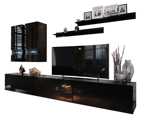 Mobilier living Benmore (negru + negru lucios) (fără iluminat). 1007682
