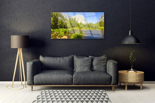 Tablou pe sticla Mountain Lake Forest Natura Albastru Verde Gri