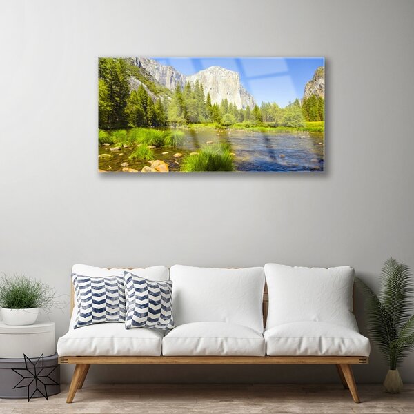 Tablou pe sticla Mountain Lake Forest Natura Albastru Verde Gri