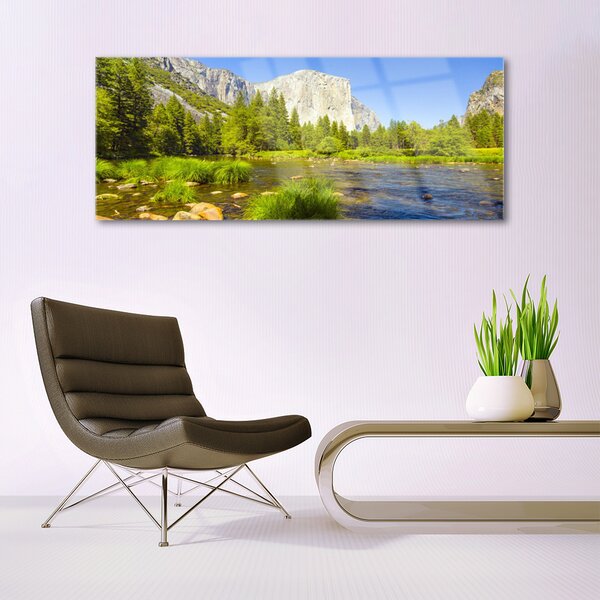 Tablou pe sticla Mountain Lake Forest Natura Albastru Verde Gri