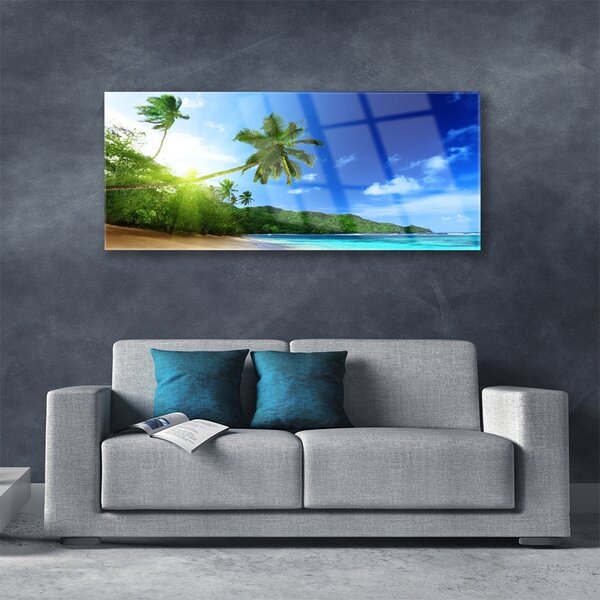Tablou pe sticla Sea Palm Beach Peisaj Copaci Maro Verde Albastru