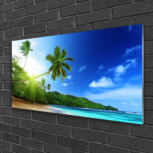 Tablou pe sticla Sea Palm Beach Peisaj Copaci Maro Verde Albastru