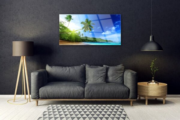 Tablou pe sticla Sea Palm Beach Peisaj Copaci Maro Verde Albastru