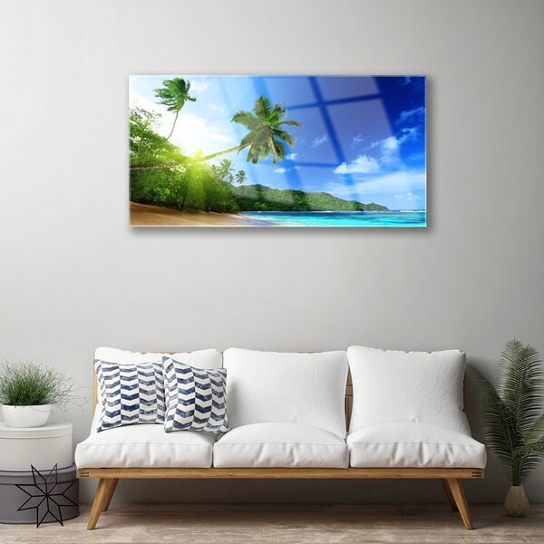 Tablou pe sticla Sea Palm Beach Peisaj Copaci Maro Verde Albastru