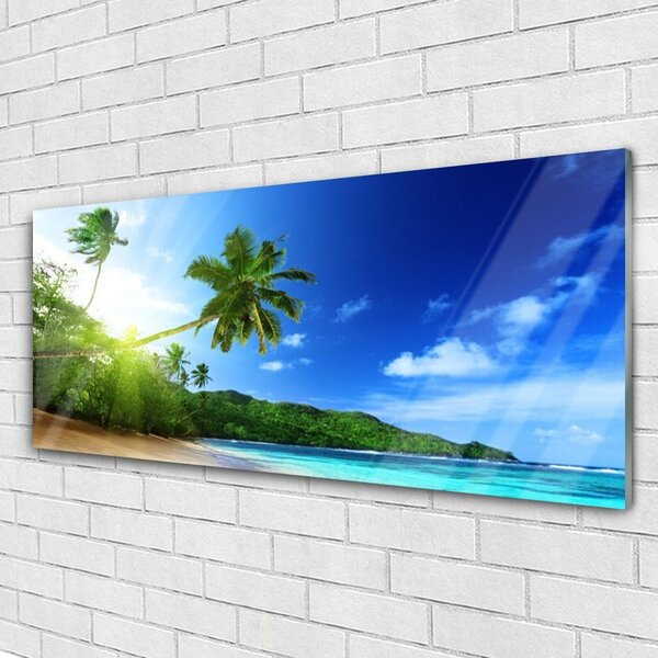 Tablou pe sticla Sea Palm Beach Peisaj Copaci Maro Verde Albastru