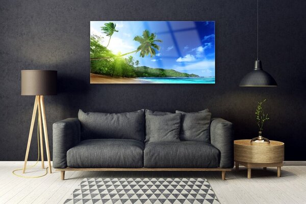 Tablou pe sticla Sea Palm Beach Peisaj Copaci Maro Verde Albastru