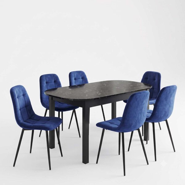 Set Masă Extensibilă Carla Negru Marmorat 134–174 × 80 cm cu 6 Scaune Gya Albastre, Tapițate, Picioare Metalice Negre