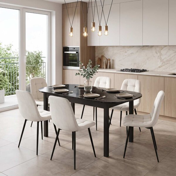Set Masă Extensibilă Carla Negru Marmorat 134–174 × 80 cm cu 6 Scaune Gya Crem, Tapițate, Picioare Metalice Negre