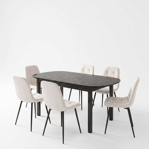 Set Masă Extensibilă Carla Negru Marmorat 134–174 × 80 cm cu 6 Scaune Gya Crem, Tapițate, Picioare Metalice Negre
