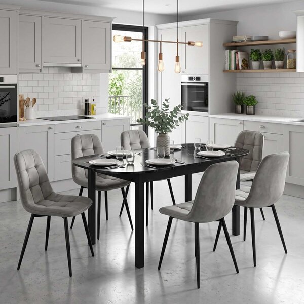 Set Masă Extensibilă Carla Negru Marmorat 134–174 × 80 cm cu 6 Scaune Gya Gri, Tapițate, Picioare Metalice Negre