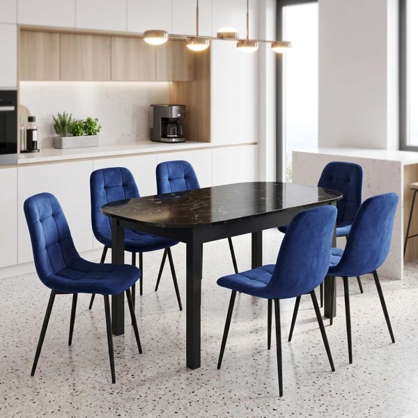 Set Masă Extensibilă Carla Negru Marmorat 134–174 × 80 cm cu 6 Scaune Gya Albastre, Tapițate, Picioare Metalice Negre