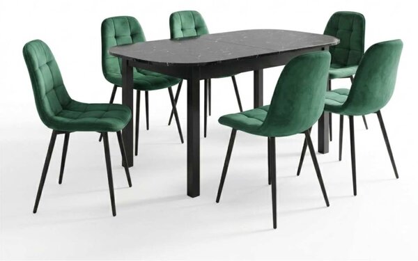 Set Masă Extensibilă Carla Negru Marmorat 134–174 × 80 cm cu 6 Scaune Gya Verde, Tapițate, Picioare Metalice Negre