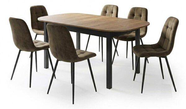 Set Masă Extensibilă Carla Nuc 134–174 × 80 cm cu 6 Scaune Gya Maro, Tapițate, Picioare Metalice Negre