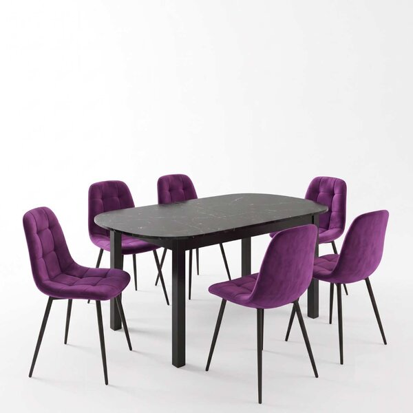 Set Masă Extensibilă Carla Negru Marmorat 134–174 × 80 cm cu 6 Scaune Gya Mov, Tapițate, Picioare Metalice Negre