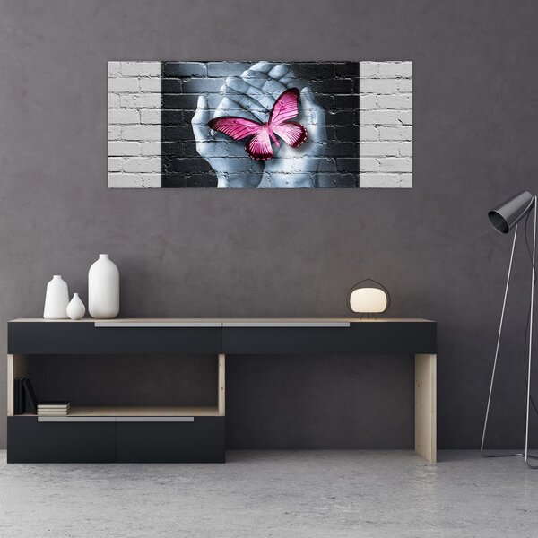 Tablou - Fluture roz în perete (120x50 cm)