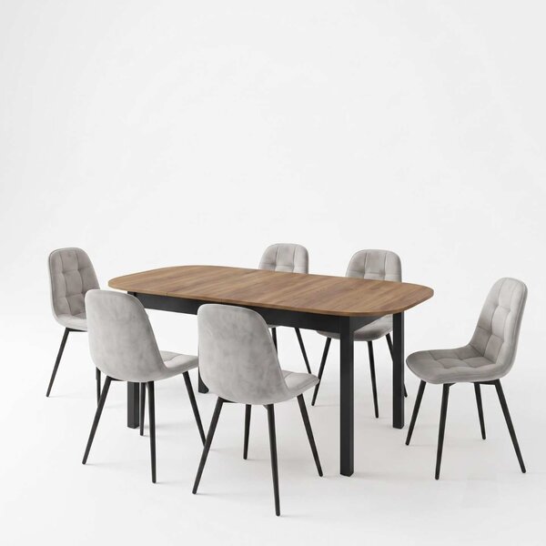 Set Masă Extensibilă Carla Nuc 134–174 × 80 cm cu 6 Scaune Gya Gri, Tapițate, Picioare Metalice Negre