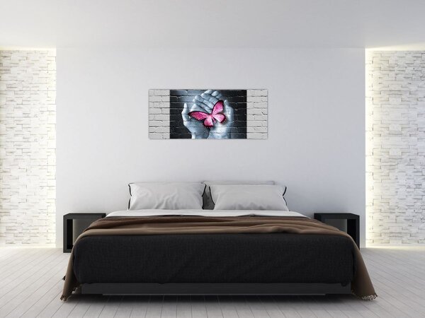 Tablou - Fluture roz în perete (120x50 cm)