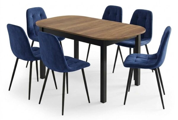 Set Masă Extensibilă Carla Nuc 134–174 × 80 cm cu 6 Scaune Gya Albastre, Tapițate, Picioare Metalice Negre