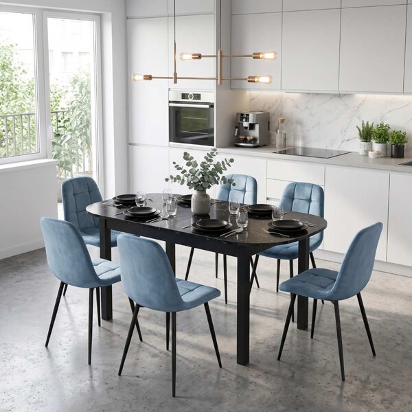 Set Masă Extensibilă Carla Negru Marmorat 134–174 × 80 cm cu 6 Scaune Gya Turcoaz, Tapițate, Picioare Metalice Negre