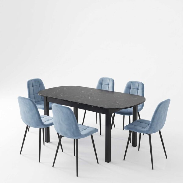 Set Masă Extensibilă Carla Negru Marmorat 134–174 × 80 cm cu 6 Scaune Gya Turcoaz, Tapițate, Picioare Metalice Negre