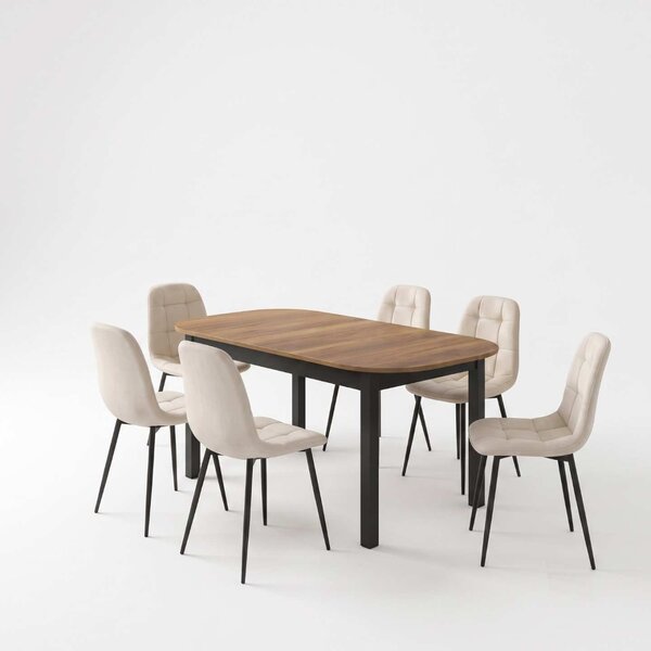 Set Masă Extensibilă Carla Nuc 134–174 × 80 cm cu 6 Scaune Gya Crem, Tapițate, Picioare Metalice Negre