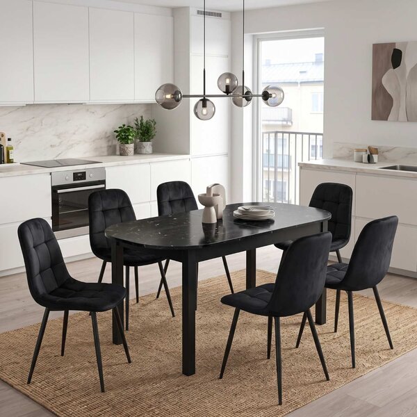 Set Masă Extensibilă Carla Negru Marmorat 134–174 × 80 cm cu 6 Scaune Gya Negre, Tapițate, Picioare Metalice Negre