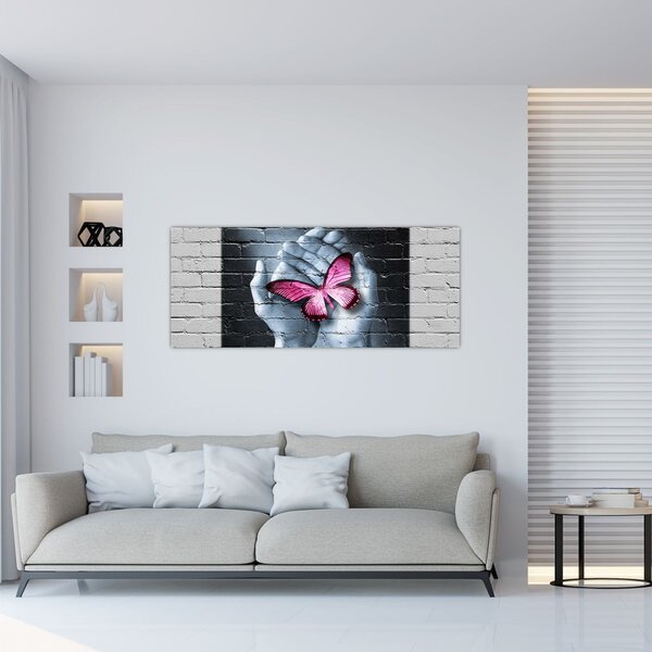 Tablou - Fluture roz în perete (120x50 cm)