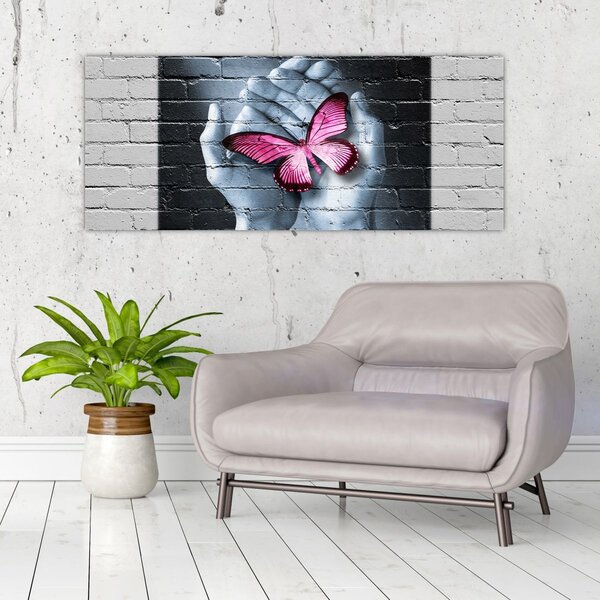 Tablou - Fluture roz în perete (120x50 cm)