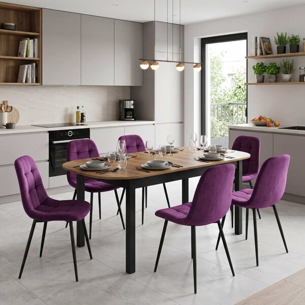 Set Masă Extensibilă Carla Nuc 134–174 × 80 cm cu 6 Scaune Gya Mov, Tapițate, Picioare Metalice Negre