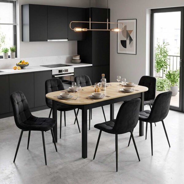Set Masă Extensibilă Carla Stejar 134–174 × 80 cm cu 6 Scaune Gya Negre, Tapițate, Picioare Metalice Negre