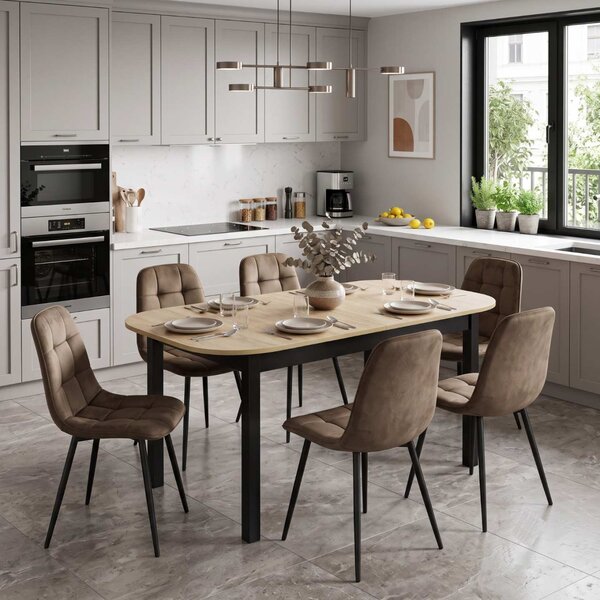 Set Masă Extensibilă Carla Stejar 134–174 × 80 cm cu 6 Scaune Gya Maro, Tapițate, Picioare Metalice Negre