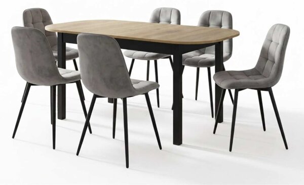 Set Masă Extensibilă Carla Stejar 134–174 × 80 cm cu 6 Scaune Gya Gri, Tapițate, Picioare Metalice Negre