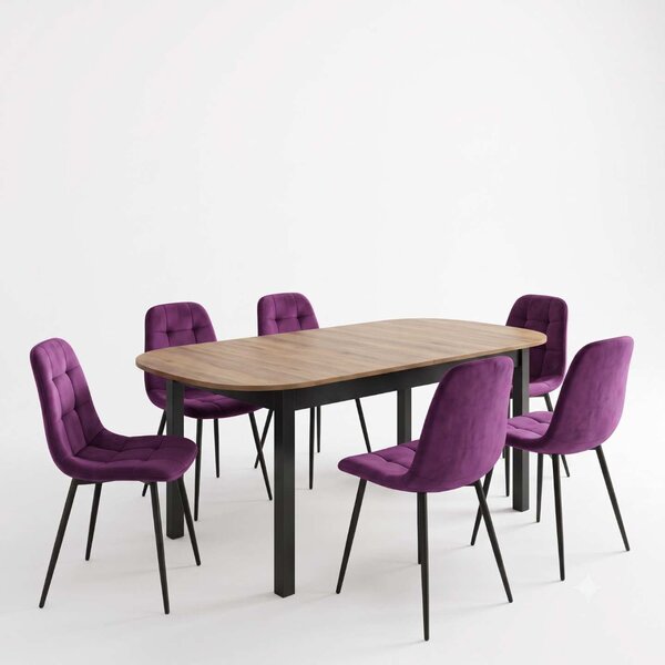 Set Masă Extensibilă Carla Nuc 134–174 × 80 cm cu 6 Scaune Gya Mov, Tapițate, Picioare Metalice Negre