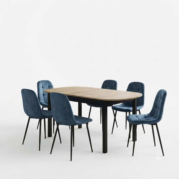 Set Masă Extensibilă Carla Stejar 134–174 × 80 cm cu 6 Scaune Gya Turcoaz, Tapițate, Picioare Metalice Negre