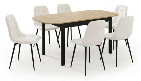 Set Masă Extensibilă Carla Stejar 134–174 × 80 cm cu 6 Scaune Gya Crem, Tapițate, Picioare Metalice Negre