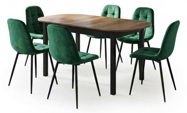 Set Masă Extensibilă Carla Nuc 134–174 × 80 cm cu 6 Scaune Gya Verde, Tapițate, Picioare Metalice Negre