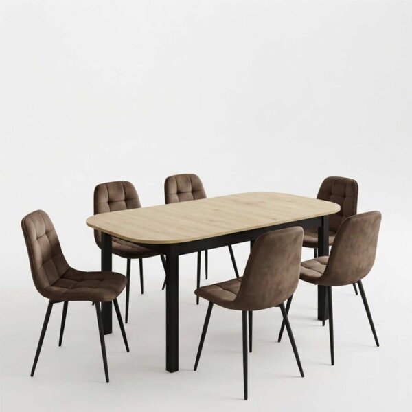 Set Masă Extensibilă Carla Stejar 134–174 × 80 cm cu 6 Scaune Gya Maro, Tapițate, Picioare Metalice Negre