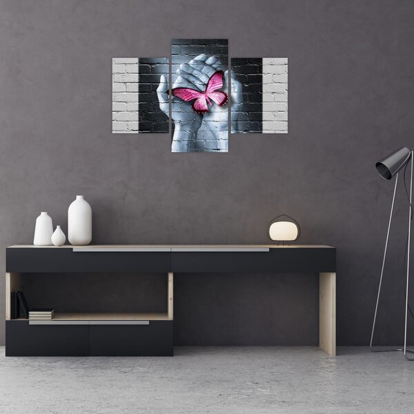 Tablou - Fluture roz în perete (90x60 cm)