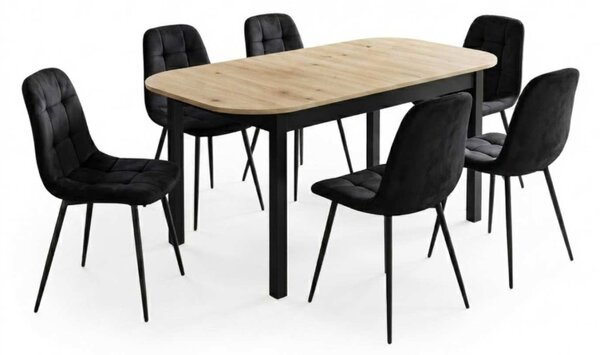 Set Masă Extensibilă Carla Stejar 134–174 × 80 cm cu 6 Scaune Gya Negre, Tapițate, Picioare Metalice Negre