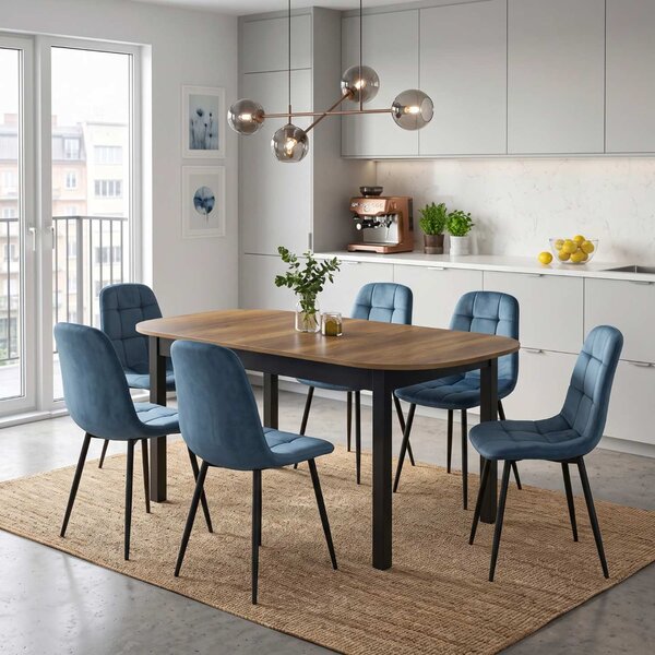 Set Masă Extensibilă Carla Nuc 134–174 × 80 cm cu 6 Scaune Gya Turcoaz, Tapițate, Picioare Metalice Negre