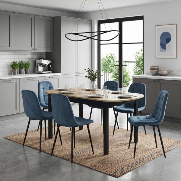Set Masă Extensibilă Carla Stejar 134–174 × 80 cm cu 6 Scaune Gya Turcoaz, Tapițate, Picioare Metalice Negre